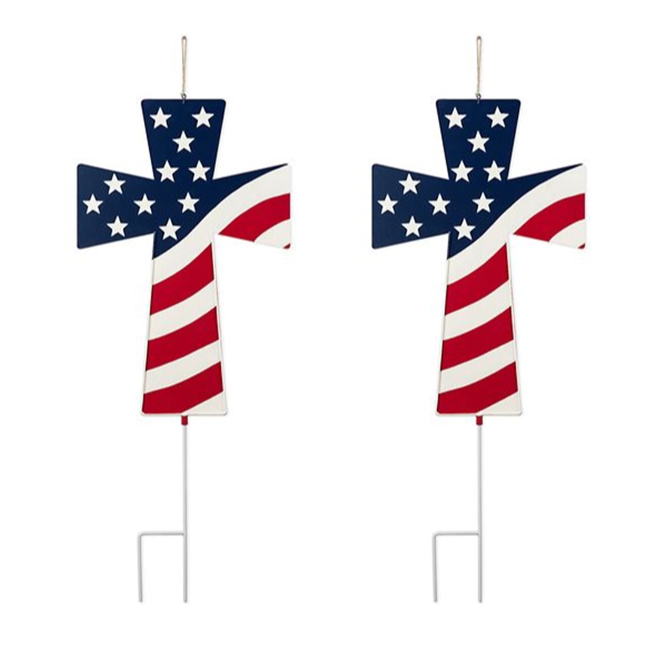Set of 2 32"H Patriotic/ Americana Double Sided Metal Cross Yard Stake or Wall Decor